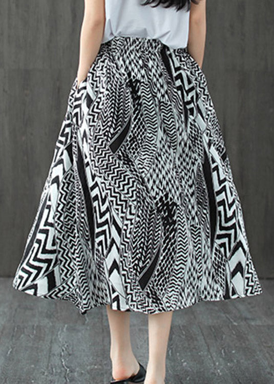 Elegant Black White Print Patchwork Pockets Elastic Waist Linen Skirt Summer - Skirts - DYAVOR®