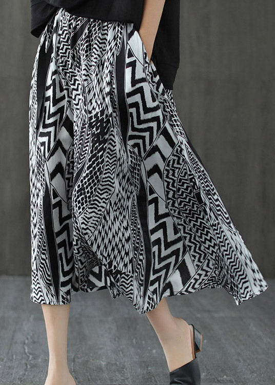 Elegant Black White Print Patchwork Pockets Elastic Waist Linen Skirt Summer - Skirts - DYAVOR®