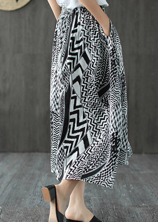 Elegant Black White Print Patchwork Pockets Elastic Waist Linen Skirt Summer - Skirts - DYAVOR®