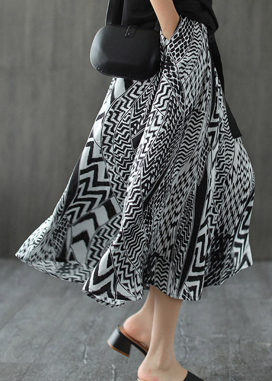 Elegant Black White Print Patchwork Pockets Elastic Waist Linen Skirt Summer - Skirts - DYAVOR®