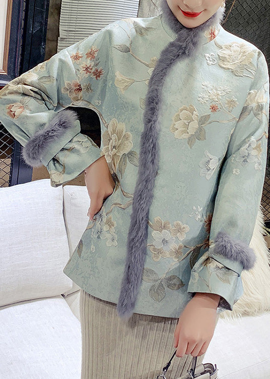 Elegant Blue Fur Collar Embroideried Warm Fleece Parka Winter - Down Jackets - DYAVOR®