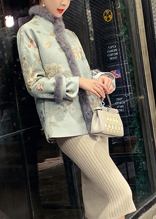 Elegant Blue Fur Collar Embroideried Warm Fleece Parka Winter - Down Jackets - DYAVOR®