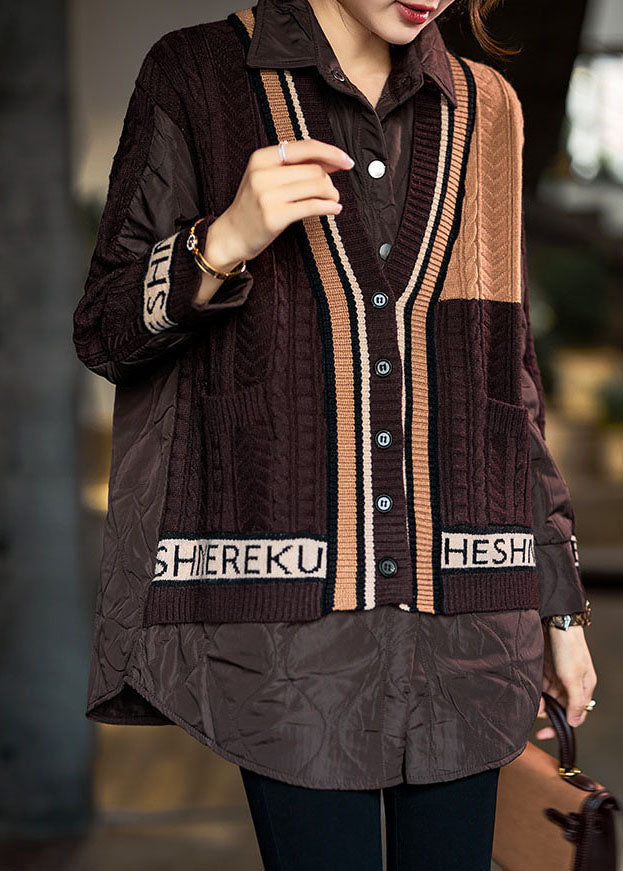 Elegant Chocolate Peter Pan Collar Knit Patchwork Fine Cotton Filled Shirt Top Winter - Down Jackets - DYAVOR®