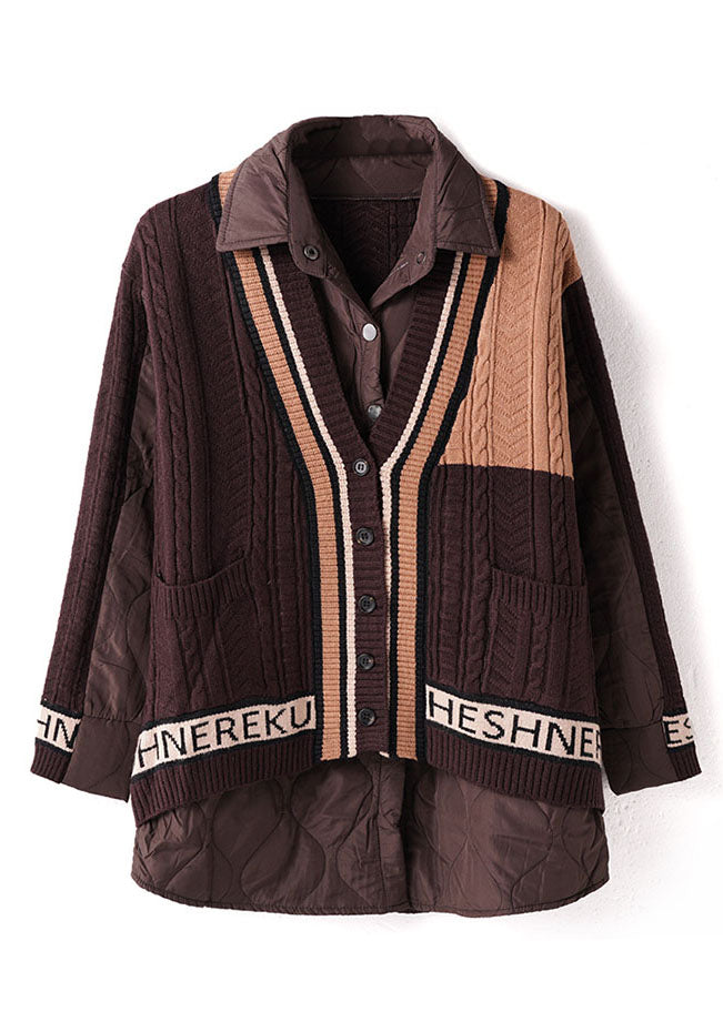 Elegant Chocolate Peter Pan Collar Knit Patchwork Fine Cotton Filled Shirt Top Winter - Down Jackets - DYAVOR®