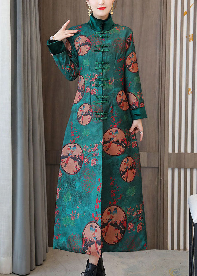 Elegant Green Stand Collar Chinese Style Print Fine Cotton Filled Coats Winter - Down Jackets - DYAVOR®