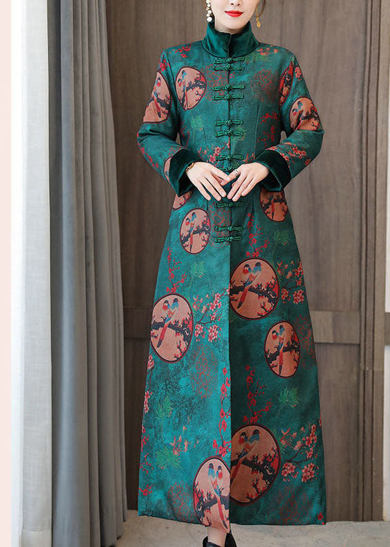 Elegant Green Stand Collar Chinese Style Print Fine Cotton Filled Coats Winter - Down Jackets - DYAVOR®