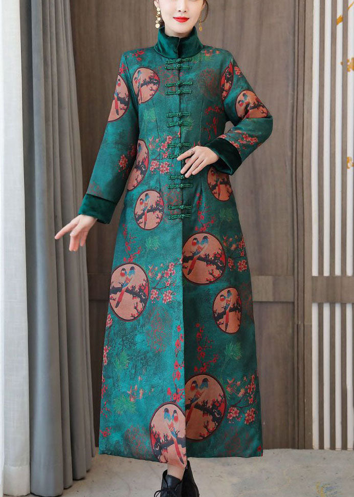 Elegant Green Stand Collar Chinese Style Print Fine Cotton Filled Coats Winter - Down Jackets - DYAVOR®