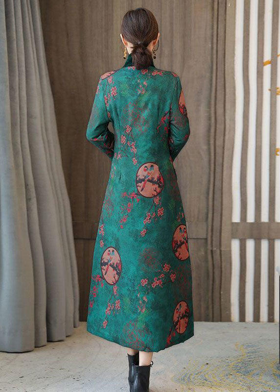 Elegant Green Stand Collar Chinese Style Print Fine Cotton Filled Coats Winter - Down Jackets - DYAVOR®