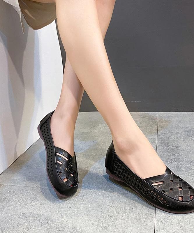 Elegant Hollow Out Flats Black Faux Leather - Sandals - DYAVOR®