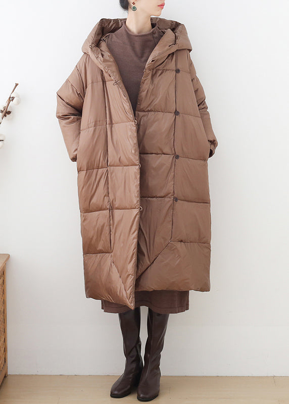 Elegant Khaki Button Hooded Down Coat Long Sleeve - Down Jackets - DYAVOR®