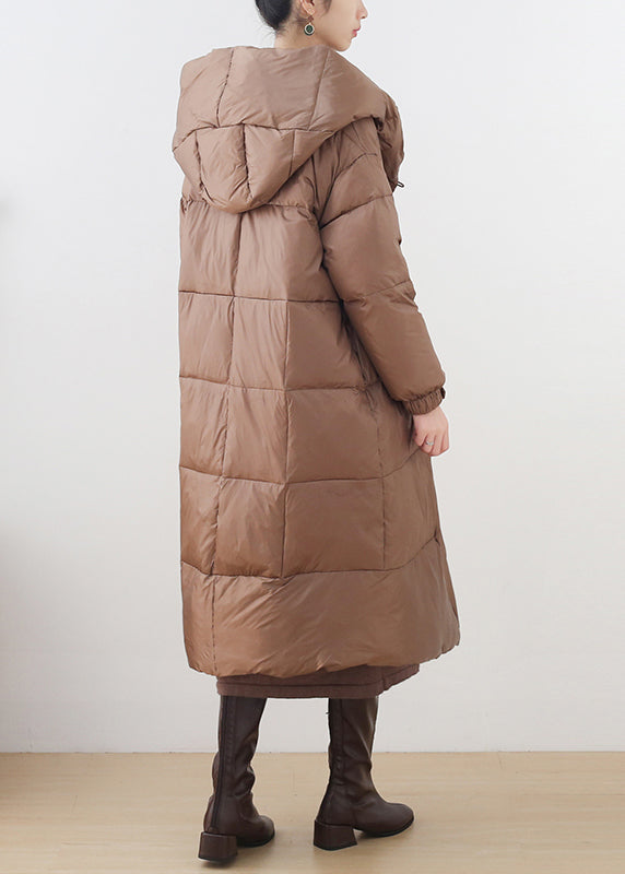 Elegant Khaki Button Hooded Down Coat Long Sleeve - Down Jackets - DYAVOR®