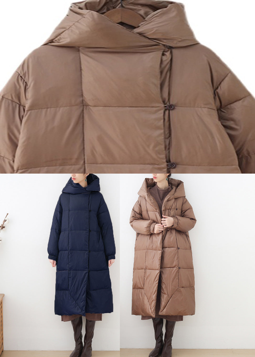 Elegant Khaki Button Hooded Down Coat Long Sleeve - Down Jackets - DYAVOR®