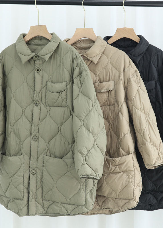Elegant Khaki PeterPan Collar Pockets Button Winter Duck Down Coat - Down Jackets - DYAVOR®
