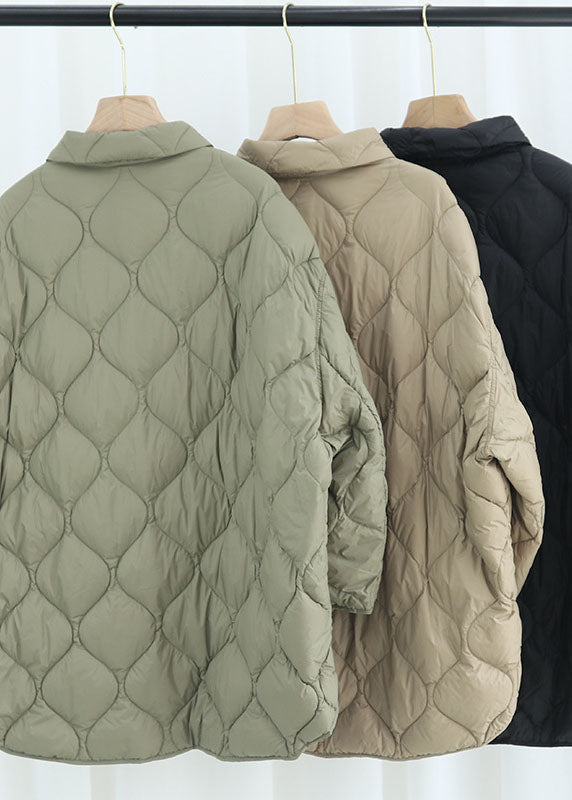 Elegant Khaki PeterPan Collar Pockets Button Winter Duck Down Coat - Down Jackets - DYAVOR®