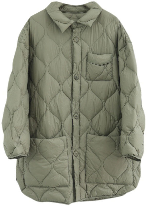 Elegant Khaki PeterPan Collar Pockets Button Winter Duck Down Coat - Down Jackets - DYAVOR®