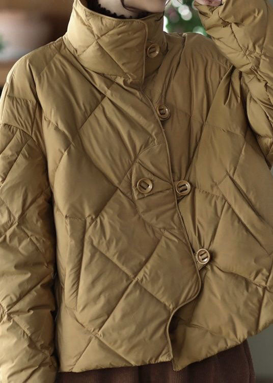 Elegant Khaki Stand Collar Oversized Button Duck Down Puffer Jacket Winter - Down Jackets - DYAVOR®