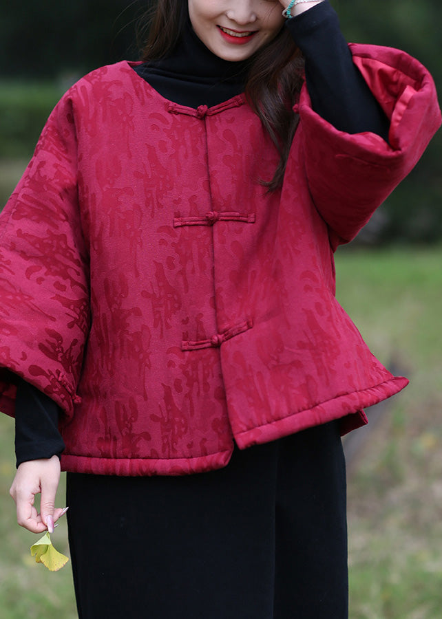 Elegant Mulberry O-Neck Print Button Warm Fleece Cotton Parka Winter - Down Jackets - DYAVOR®