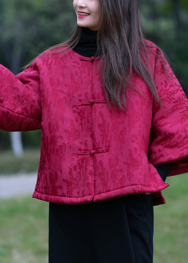 Elegant Mulberry O-Neck Print Button Warm Fleece Cotton Parka Winter - Down Jackets - DYAVOR®