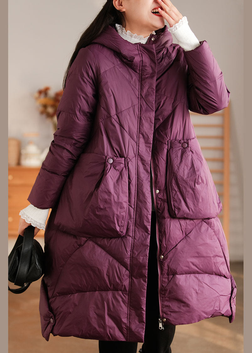 Elegant Purple Hooded Pockets Duck Down Down Coat Winter - Down Jackets - DYAVOR®