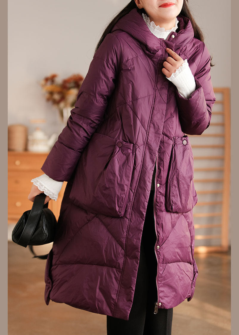 Elegant Purple Hooded Pockets Duck Down Down Coat Winter - Down Jackets - DYAVOR®