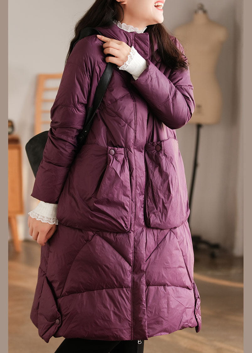 Elegant Purple Hooded Pockets Duck Down Down Coat Winter - Down Jackets - DYAVOR®