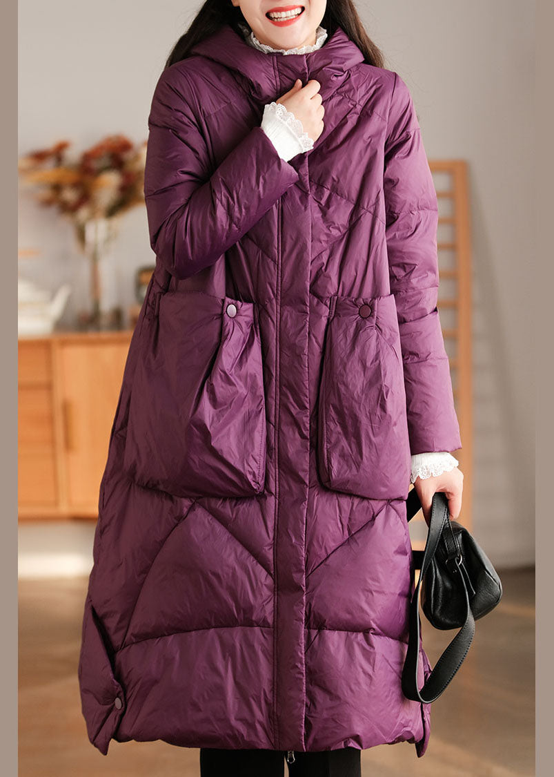 Elegant Purple Hooded Pockets Duck Down Down Coat Winter - Down Jackets - DYAVOR®