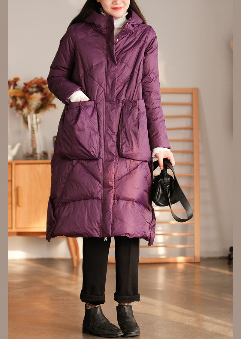 Elegant Purple Hooded Pockets Duck Down Down Coat Winter - Down Jackets - DYAVOR®