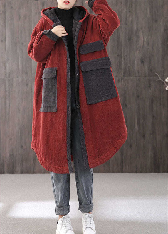 Elegant Red hooded Pockets Button Winter Coat Long sleeve - Down Jackets - DYAVOR®
