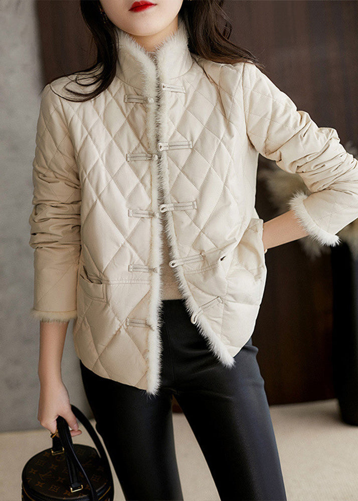 Elegant White Stand Collar Button Pockets Sheepskin Down Coat Long Sleeve - Down Jackets - DYAVOR®