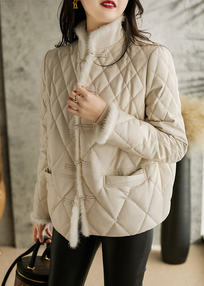 Elegant White Stand Collar Button Pockets Sheepskin Down Coat Long Sleeve - Down Jackets - DYAVOR®