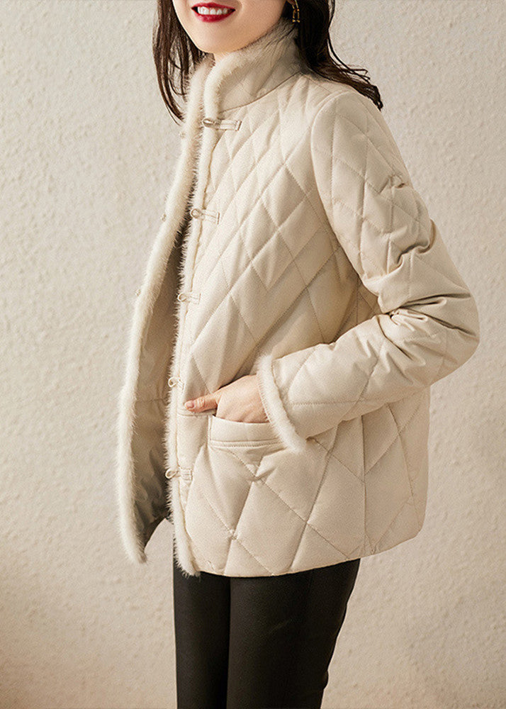 Elegant White Stand Collar Button Pockets Sheepskin Down Coat Long Sleeve - Down Jackets - DYAVOR®