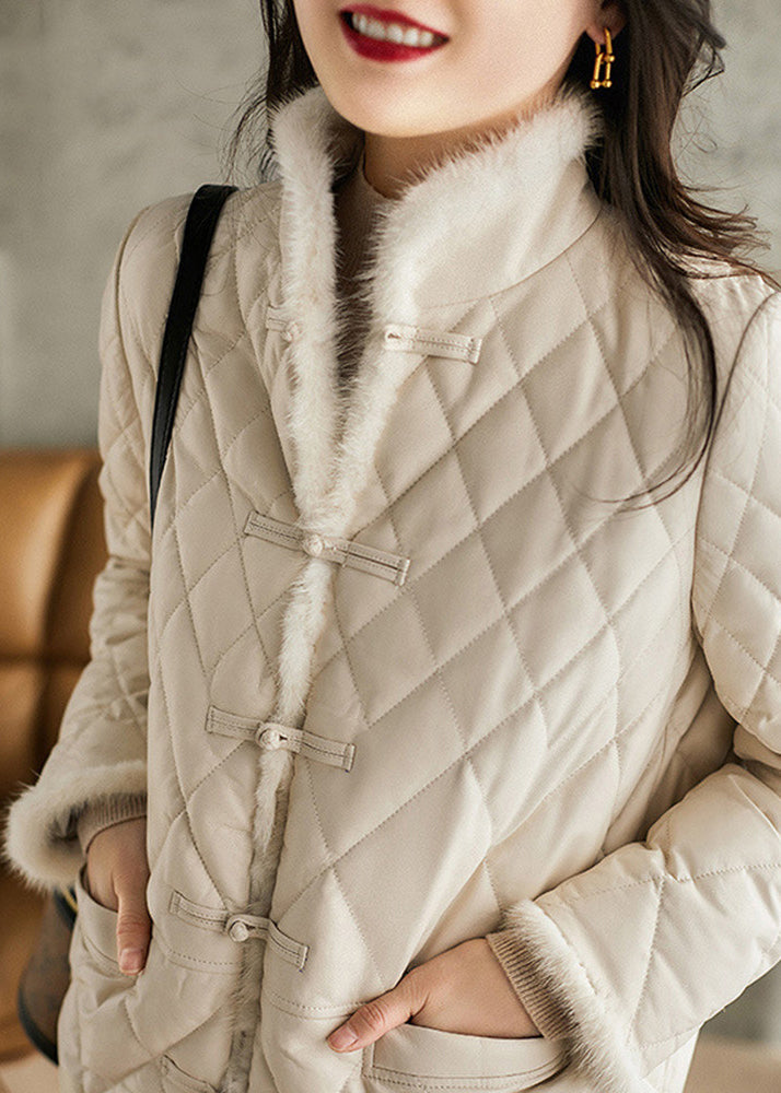 Elegant White Stand Collar Button Pockets Sheepskin Down Coat Long Sleeve - Down Jackets - DYAVOR®