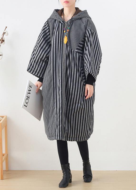 Elegant gray striped womens coats oversized winter hooded patchwork outwear - - DYAVOR®