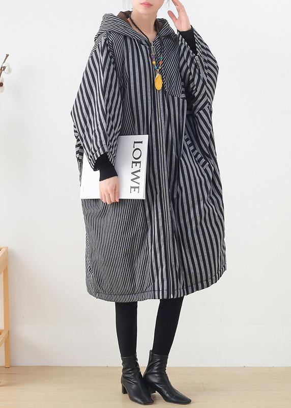 Elegant gray striped womens coats oversized winter hooded patchwork outwear - - DYAVOR®
