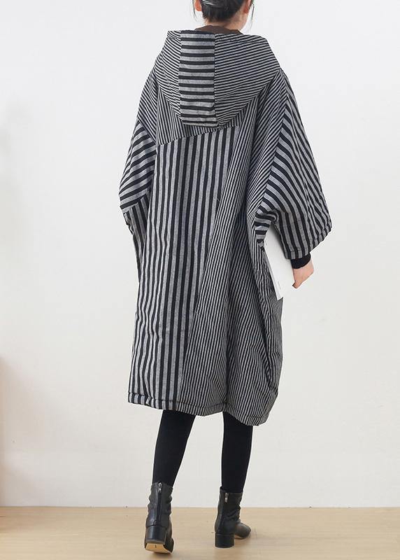 Elegant gray striped womens coats oversized winter hooded patchwork outwear - - DYAVOR®
