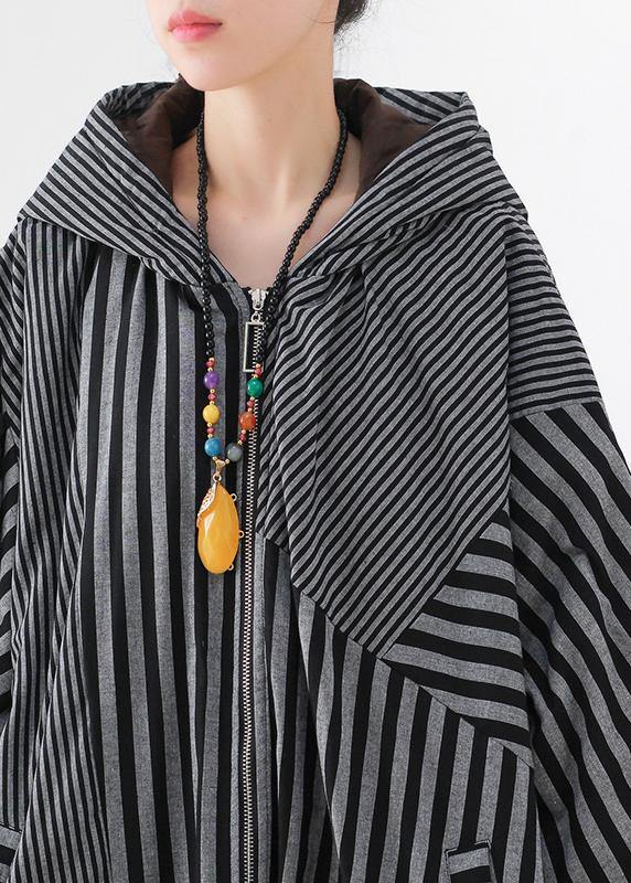 Elegant gray striped womens coats oversized winter hooded patchwork outwear - - DYAVOR®