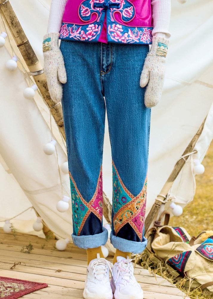 Elegant high waist pants fall fashion denim blue design patchwork pant - - DYAVOR®