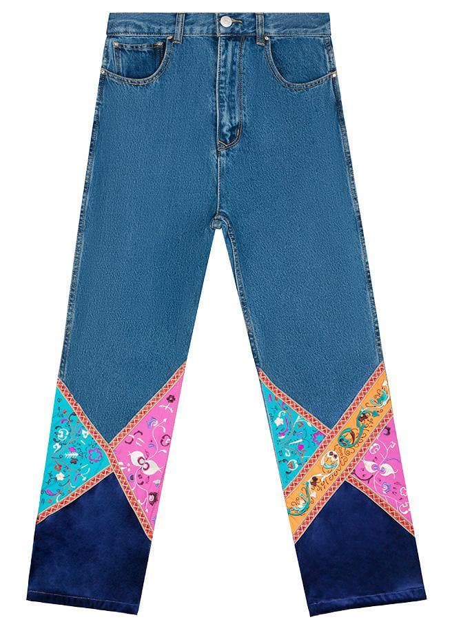 Elegant high waist pants fall fashion denim blue design patchwork pant - - DYAVOR®