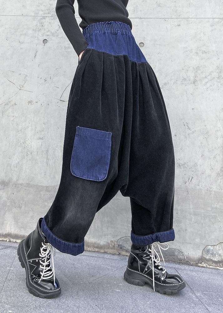 Elegant patchwork wild trousers plus size clothing black Fabrics pockets pants - - DYAVOR®