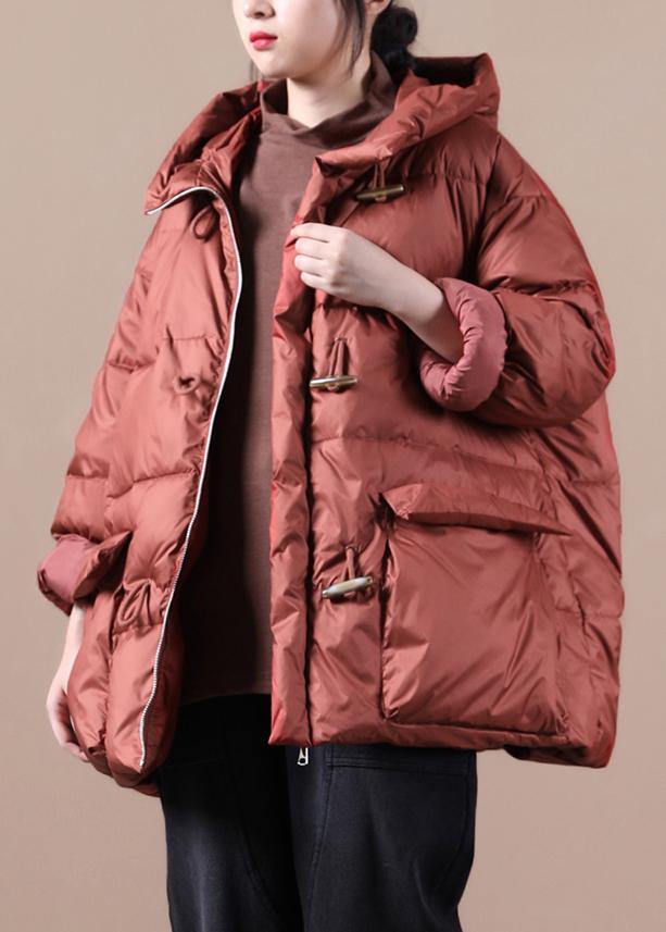 Elegant red warm winter coat Loose fitting womens parka hooded pockets Warm overcoat - - DYAVOR®