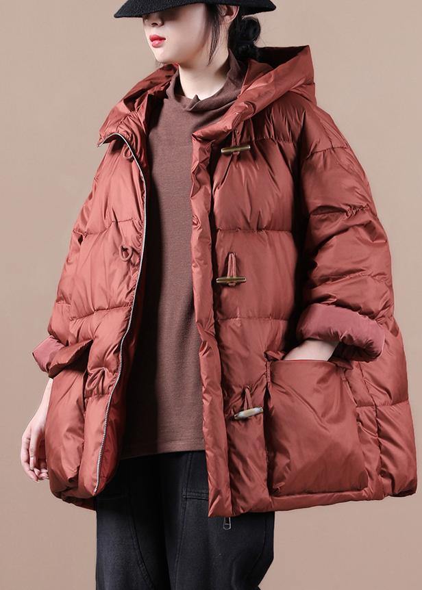 Elegant red warm winter coat Loose fitting womens parka hooded pockets Warm overcoat - - DYAVOR®