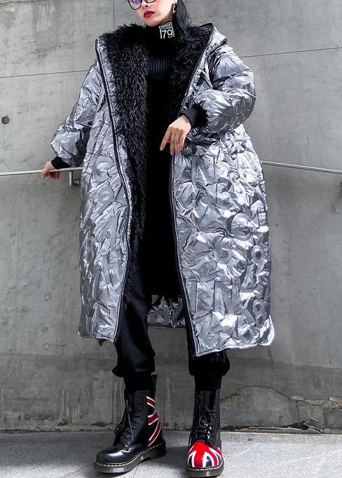 Elegant silver outwear trendy plus size snow hooded zippered winter outwear - - DYAVOR®