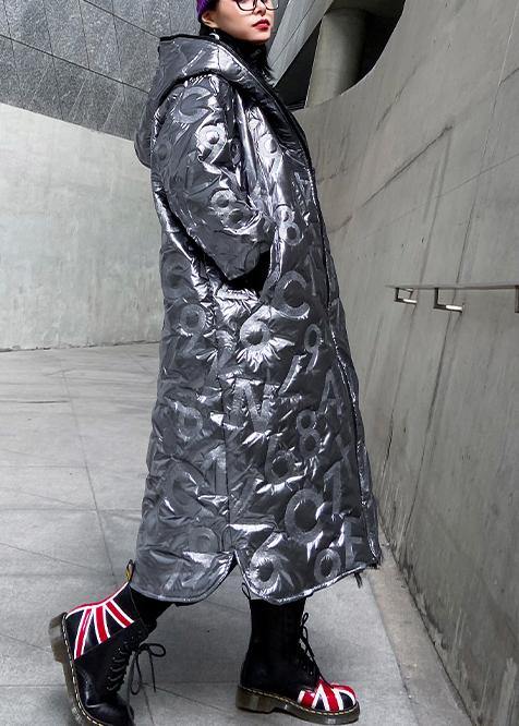 Elegant silver outwear trendy plus size snow hooded zippered winter outwear - - DYAVOR®