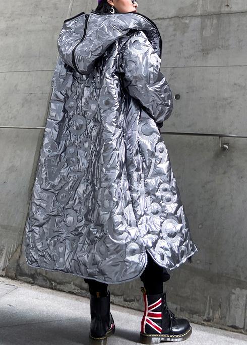 Elegant silver outwear trendy plus size snow hooded zippered winter outwear - - DYAVOR®