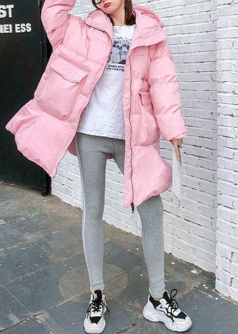 Elegant trendy plus size Jackets & Coats big pockets outwear pink thick hooded overcoat - - DYAVOR®