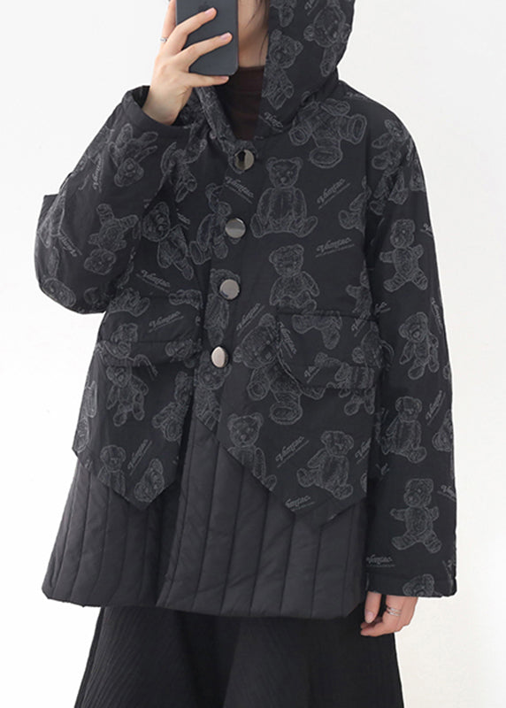 Fashion Black Button Patchwork Print Pockets Hooded Parka Long Sleeve - Down Jackets - DYAVOR®