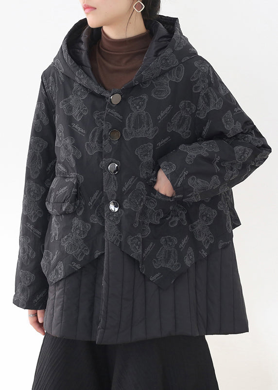 Fashion Black Button Patchwork Print Pockets Hooded Parka Long Sleeve - Down Jackets - DYAVOR®