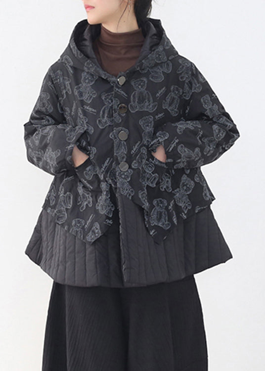 Fashion Black Button Patchwork Print Pockets Hooded Parka Long Sleeve - Down Jackets - DYAVOR®