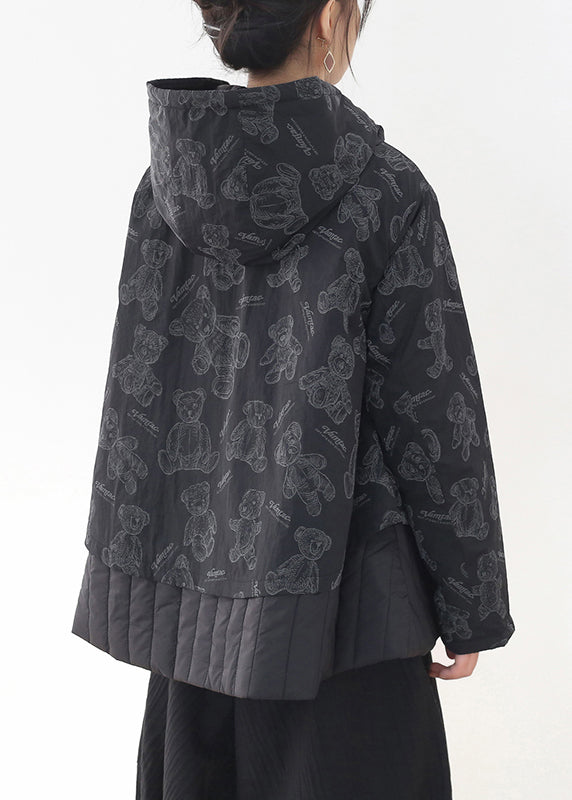 Fashion Black Button Patchwork Print Pockets Hooded Parka Long Sleeve - Down Jackets - DYAVOR®