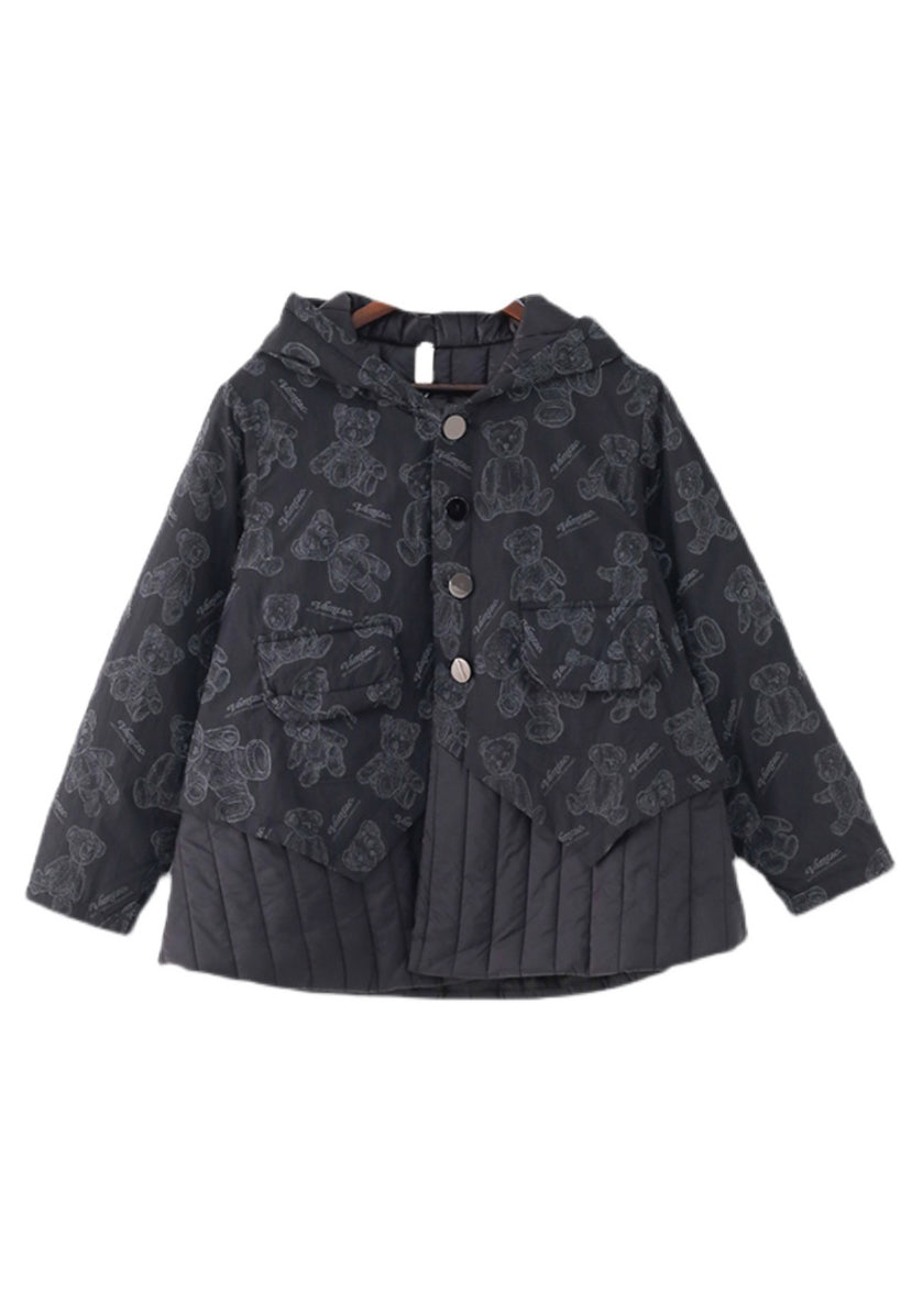 Fashion Black Button Patchwork Print Pockets Hooded Parka Long Sleeve - Down Jackets - DYAVOR®